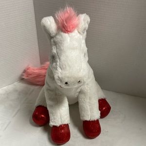 Fao Schwarz Plush Pony White Pink Mane & Tail Red Sparkly Feet Gold Heart 13”